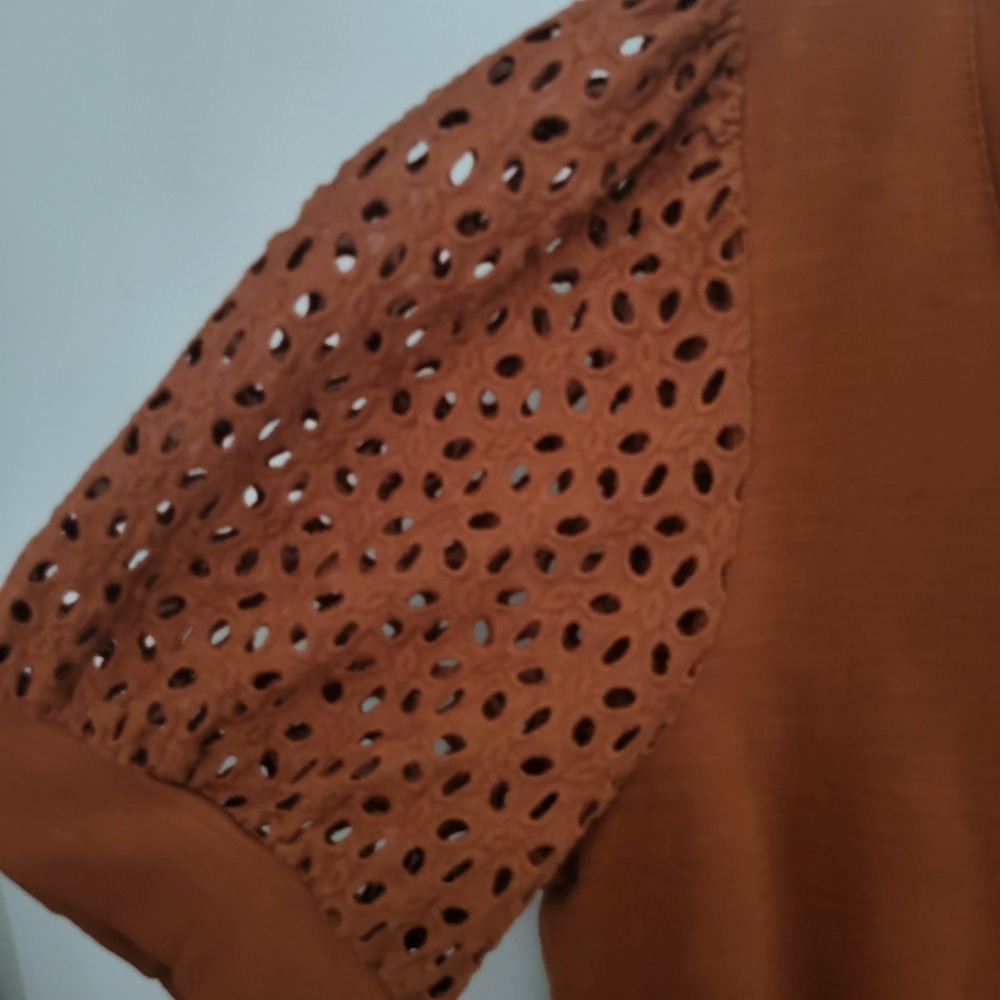 Jane DELANCEY Women's Brown Scoop Neck Eyelet Puff Short Sleeve Knit Top L